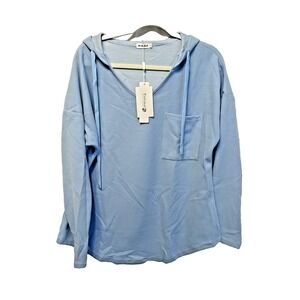 MORHUDUCK Hoodie Womens L Waffle Knit V NECK Breast Pocket Light Blue NWT